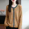 Cardigan de Tricô com Gola V de Lã Fina, Manga Longa, Bloco de Cores e Listras, Corte Solto, Versátil, Novo Outono/Inverno 2026