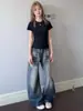Jeans Retrô Americano Lavado com Padrão de Nó de Bambu Perna Curva Feminino 2026 Novo Solto Emagrecedor Cintura Alta Perna Larga Comprimento Total