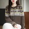 Abrigo holgado de otoño e invierno, estilo casual, tejido de punto con hoja de arce tridimensional, cárdigan jacquard grueso para mujer, jacquard vintage en color café