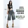 Shorts Jeans de Cintura Alta Wide Leg Reto Comprimento Médio Acima do Joelho, Finos e Soltos, Estilo Retrô Americano, Para Usar do Avesso