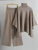 Amazon Transfronteiriço Moda Solta Elegante Conjunto Feminino Outono e Inverno Gola Alta Capa Suéter de Malha Calças de Perna Larga Conjunto de Duas Peças