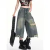 Jeans cropped rectos rasgados de moda versátiles de estilo retro americano para mujer, pantalones anchos vintage nuevos de verano
