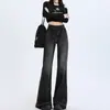 Jeans Negros Sueltos de Pierna Ancha Micro-campana para Mujer Otoño e Invierno Nuevos de Cintura Alta Adelgazantes de Borde Recto Pantalones Rectos
