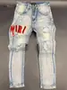 Jeans Bordados con Letras Estilo Retro Americano para Hombre, Estilo Nuevo, Lavados y Desgastados con Parches, Pantalones Skinny Versátiles de Corte Ajustado