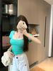 Camiseta de Encaje con Empalme Falso de Dos Piezas de Manga Corta para Mujer Verano Verde Lujuria Pura Cuello Cuadrado Cintura Ajustada Corta