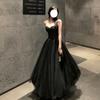 Vestido de Malla Negro con Tirantes de Espagueti Estilo Francés, Diseño de Nicho Retro para Mujer, Elegante Vestido de Fiesta para Socialité