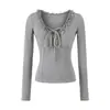 Camiseta Feminina de Estilo Maduro Leve com Decote V Profundo e Manga Longa, Camisa Básica Slim Fit, Novo Top Tendência Justo para a Primavera