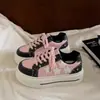Tênis casuais femininos estilo coreano, com blocos de cores preto e rosa, respiráveis, de sola grossa, e mocassins versáteis leves retrô