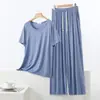 Conjunto de Duas Peças Casual de Verão em Modal Largo com Manga Curta e Calça Wide Leg para Casa Tamanho Plus Size Gola Redonda Fino