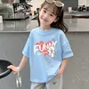 Ropa Infantil Estilo Coreano para Niñas, Conjunto de Verano de Manga Corta con Estampado de Dibujos Animados, Camiseta Holgada de Media Manga para Niños Mayores, Top Casual de Algodón Puro