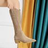 009-31 Botas de banquete de moda de estilo europeo y americano para mujer, botas de moda de gamuza puntiagudas de tacón medio y grueso, botas altas de invierno