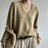 Suéter de punto de color liso con textura de panal y cuello en V, prenda base de punto de manga larga holgada para mujer, suéter de punto versátil para el trabajo y el uso diario