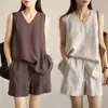 Conjunto Verão Algodão e Linho Colete Sem Manga Nova Moda Shorts Soltos Emagrecedores com Cordão Cintura Elástica Conjunto de Duas Peças