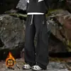 Calças impermeáveis forradas com fleece para outono e inverno, calças de trabalho retas largas da moda masculinas para atividades ao ar livre, calças casuais grossas
