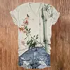 Estampado de Mariposa y Flor de Bambú Estilo Retro, Manga Corta con Cuello en V para Mujer, Impresión Digital 3D, Manga Corta Personalizada para Mujer