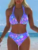 Traje de Banho Duas Peças Estilo Europeu e Americano Novo para Mulheres 2027, Biquíni Push-Up de Cintura Alta, Roupa de Banho Sexy com Decote Halter, Maiô de Três Pontos