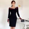 Transfronterizo 2025 Estilo Coreano Otoño e Invierno Nuevo Sexy Cuello de un Hombro Vestido Ajustado Cubre Caderas Costuras Color en Contraste Falda Corta