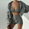 Conjunto Deportivo de Tres Piezas Europeo y Americano Transfronterizo, Traje Casual de Moda con Cremallera y Capucha, Top Corto de Yoga Fitness, Hecho a Medida