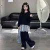 Conjunto de Sudadera con Capucha y Pantalones de Pierna Ancha de Encaje Estilo Coreano para Niñas Grandes, Conjunto Casual de Dos Piezas para Primavera y Otoño con Borde de Volantes para Niñas