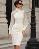 Vestido de malla con retazos de moda transfronteriza para mujer europeo y americano, con cuello alto, mangas abullonadas, corte ajustado, falda ceñida al cuerpo, vestido de noche