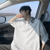 Polo Xadrez com Lapela Camiseta de Manga Curta Masculina Verão Solta Casual Manga Média Retrô Versátil Camiseta de Manga Três Quartos