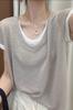Camiseta de manga corta de dos piezas falsa para mujer, novedad de verano 2025, cuello en V, color de contraste, estilo holgado y perezoso, top de punto a la moda, combina con todo.