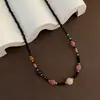 Collar Colgante de Piedra Natural Rosa Diseño Original Retro Estilo Nicho de Alta Gama Cadena para Clavícula con Perlas de Circonita Negra