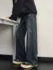 Jeans retrô azul estilo americano para homens, adequado para primavera e outono, com design desgastado, solto, de perna reta, perna larga, uma calça longa da moda para o dia a dia