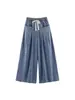 Amazon Comercio Exterior 2026 Verano Nuevo Vintage Holgado Cuello Redondo Camiseta Cordón Holgado Mezclilla Pierna Ancha Conjunto de Pantalones