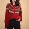 2026 Novo Cardigã Jacquard Fair Isle 100% Lã Gola Redonda Tricotado Casaco Suéter Vermelho de Ano Novo Cardigã de Cashmere