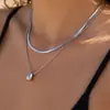 Estilo Ins Europeo y Americano Lujo Ligero Moda Geométrico Colgante de Perla Redonda Cadena de Acero Inoxidable Chapada en Oro de 18K Collar Apilado de Doble Capa