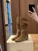 Versión de Piel de Oveja~Aumentan la Altura 6cm Piel Genuina Punta Redonda Adelgazantes Botas de Media Caña Mujer Otoño Invierno Nuevas Botas Largas Suaves Botas de Tacón Escalonado Botas Largas