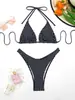 Traje de baño europeo y americano de nuevo estilo dividido Bikini de lunares blancos con cuello halter Conjunto de dos piezas Color contrastante Deseo puro Amazon Transfronterizo