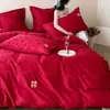 Estilo sencillo con el personaje "feliz" impreso, hecho de 100% algodón de fibra larga, juego de boda, juego de cuatro piezas de sábana y funda de edredón de algodón puro, ropa de cama de boda jacquard