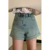 Shorts de mezclilla azul claro para mujer, de cintura alta, estilo de verano delgado, talla grande, para figuras petite y curvilíneas, adelgazantes, hot pants de línea A