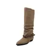 Hebilla de cinturón botas de caballero para mujer, botas largas de tubo alto, nuevas botas de punta fina sin cordones de tacón medio para otoño e invierno, botas altas hasta la rodilla para mujer, botas de tacón apilado