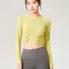 Top de Yoga Leve de Malha Sem Costura com Ombros Normais, Caimento Justo, Elástico, Camiseta Feminina de Manga Longa