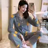 Corea Estilo Coreano ins Cuadros Pijama de Primavera y Otoño para Mujer Pantalones de Manga Larga Cárdigan Traje Lindo de Dibujos Animados Ropa de Casa Comercio Exterior