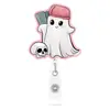 Porta-credencial acrílico retráctil con borde rosa y diseño floral de fantasma para Halloween, enfermera, identificación, transfronterizo
