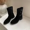 Botines vaqueros con hebilla de remache retro de 4,5 cm, nuevo modelo otoño/invierno 2026, punta redonda, tacón grueso, botines cortos adelgazantes y versátiles