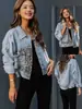 Outono e inverno transfronteiriço novo Amazon Casaco jeans feminino manga longa estação independente Casaco europeu e americano feminino top com costura de leopardo