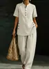 2026 Nuevo Conjunto de Dos Piezas de Lino Casual Cómodo con Camisa de Botones y Pantalones de Pierna Ancha de Marca Independiente Transfronteriza Europea y Americana