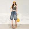 Shorts Jeans Feminino Casual Solto de Perna Larga com Cinco Bolsos, Estilo Americano Retrô Workwear, Tendência de Verão 2026