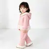Elegante Ropa Exterior para Niñas Jóvenes, Conjunto de Pantalones Acampanados de Encaje para Primavera-Otoño, Dulce Conjunto de Dos Piezas con Capucha y Adorno de Encaje