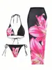Nuevo Estilo de Comercio Exterior Transfronterizo Sexy Bikini de Tres Piezas para Mujer, Encantador Estampado de Lirio, Deportivo al Aire Libre