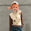 Camiseta de manga larga y cuello redondo para mujer, estilo retro informal con estampado de estrellas transfronterizas europeas y americanas Y2K, con contraste de colores y combinable