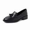 Mocasines Artísticos de Flecos de Piel de Vacuno Estilo Británico Primavera 2025 Tacón Medio Grueso Punta Redonda Cuero Para Desplazamiento Boca Profunda Zapatos de una Capa para Mujer