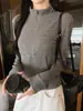 Cárdigan de rayas con cremallera estilo coreano con cuello alto, capa interior ajustada para mujer de otoño, camiseta de manga larga, top casual