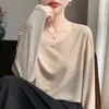 Camiseta básica de punto fina de manga larga con cuello en V para primavera y otoño, color gris, talla grande holgada, top adelgazante