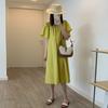 [Sin reembolso ni cambio] Vestido estilo francés para mujer, estilo vacacional de verano, con hojas de loto, manga corta, cuello cuadrado, falda larga con cordones